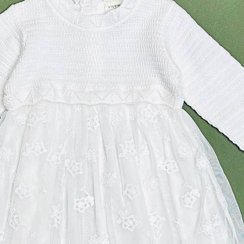 Milan White Floral Embroidered Tutu Knit Baby Dress Organic: Pure White / 3-6M