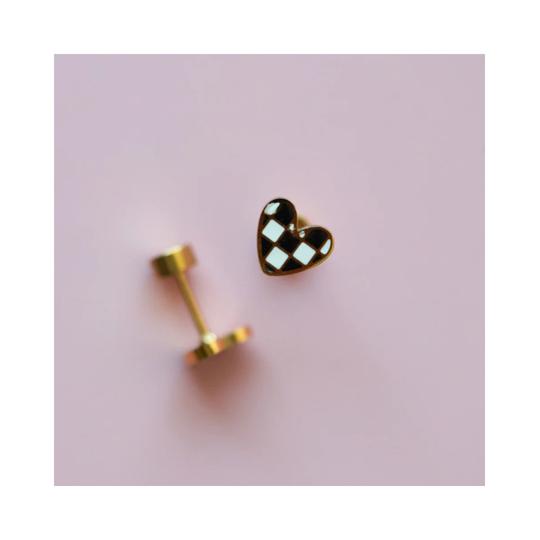 Screw Back Earrings Checkered Heart