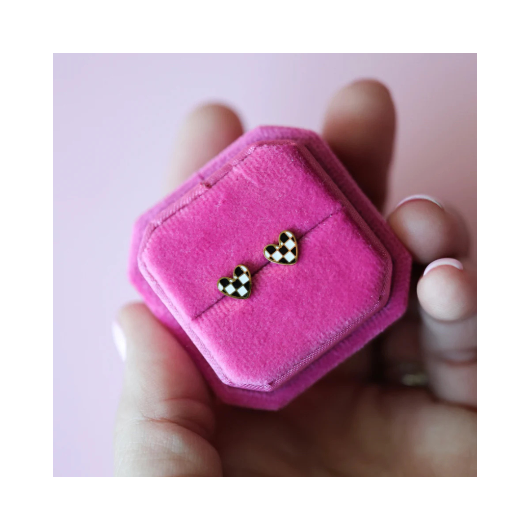 Screw Back Earrings Checkered Heart