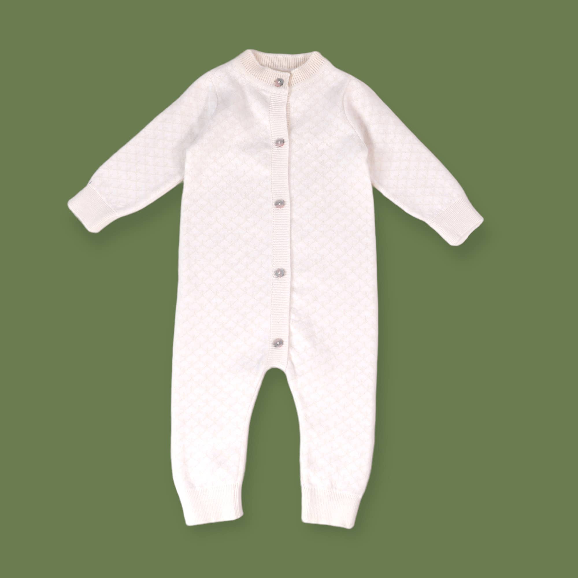 Dove White Lux Jacquard Baby Jumpsuit+Hat+Bootie (Organic): Soft White / 0-3