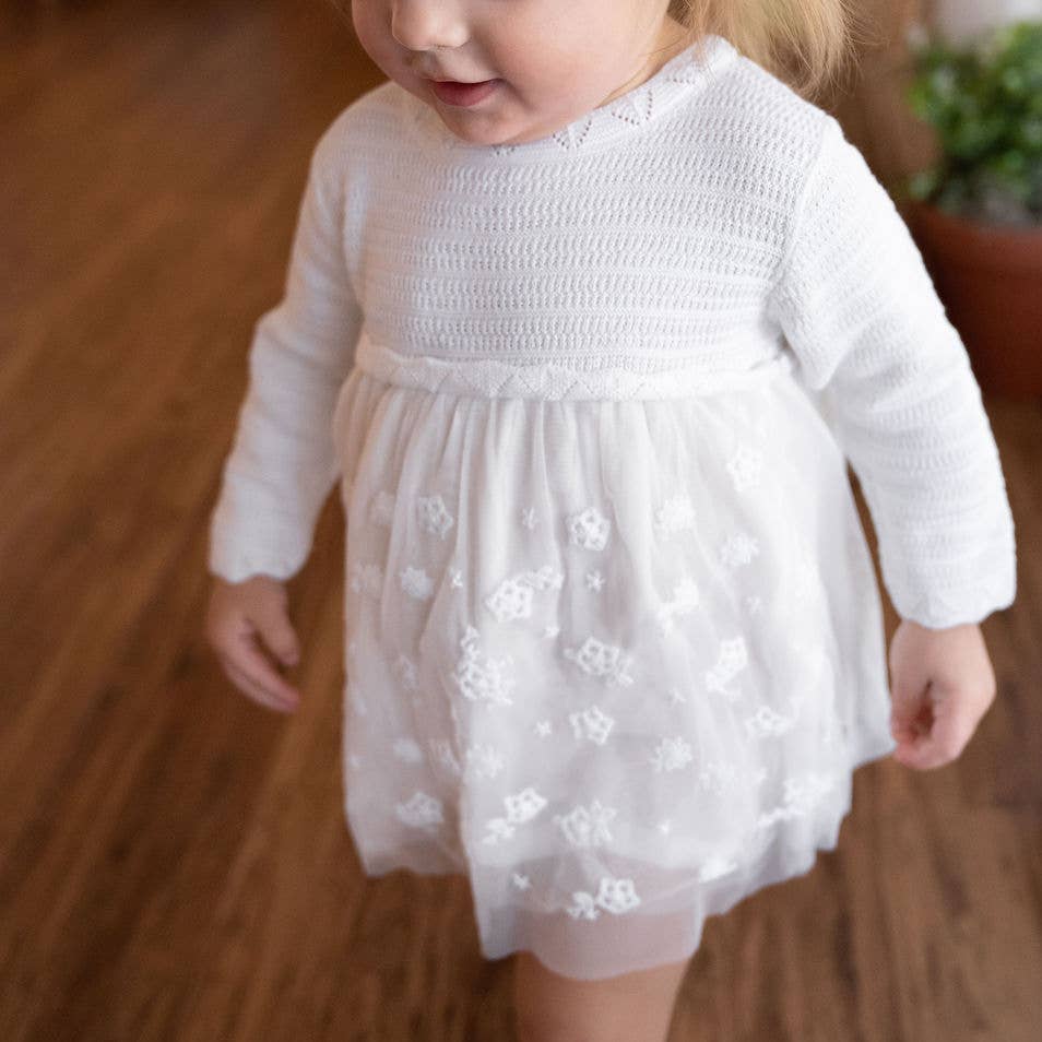 Milan White Floral Embroidered Tutu Knit Baby Dress Organic: Pure White / 3-6M