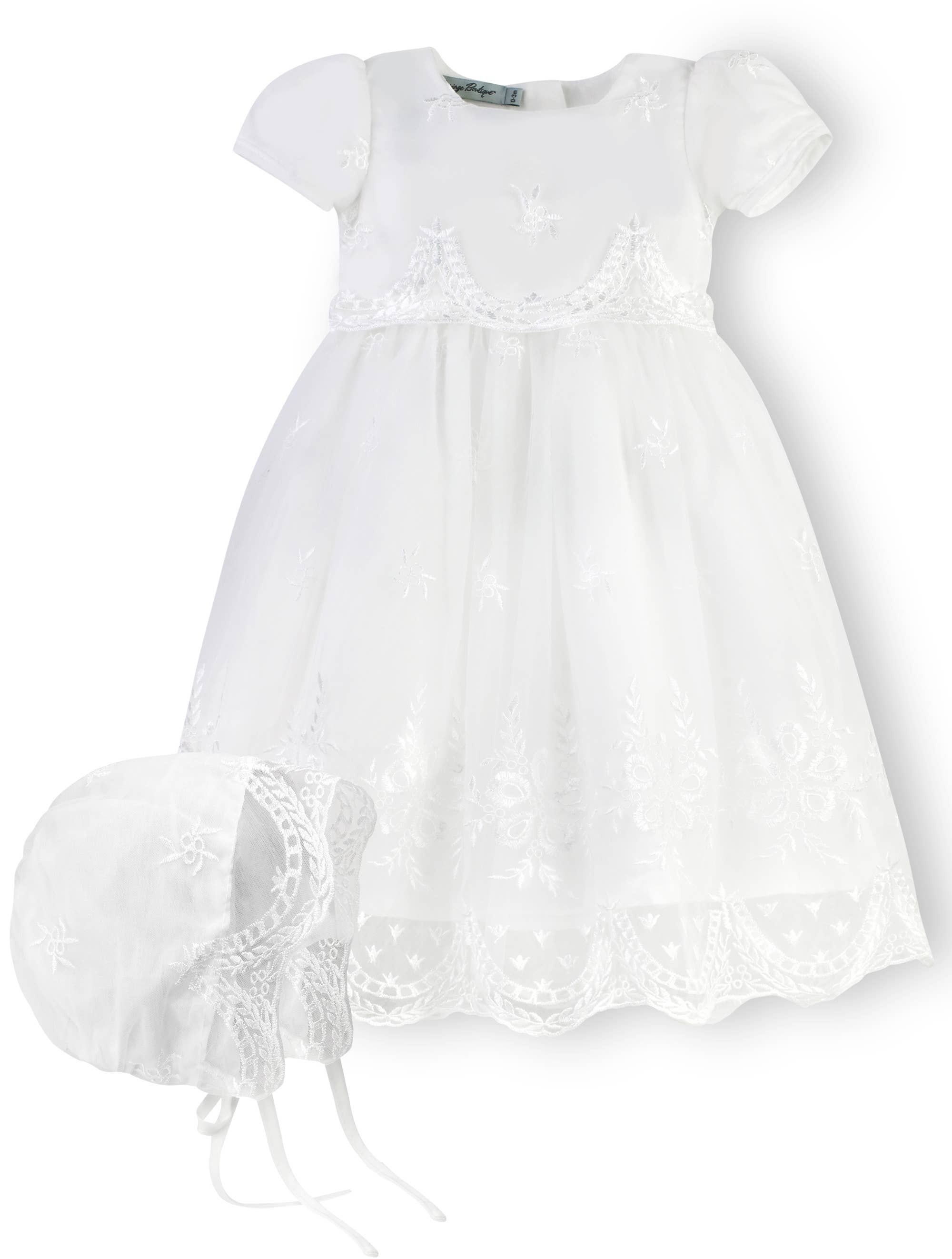 Baby Girls White Princess Lace Gown - with Matching Bonnet: 0-3M