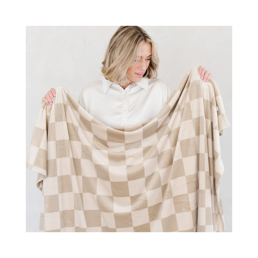 Neutral Check Minky Stretch Receiving Blanket