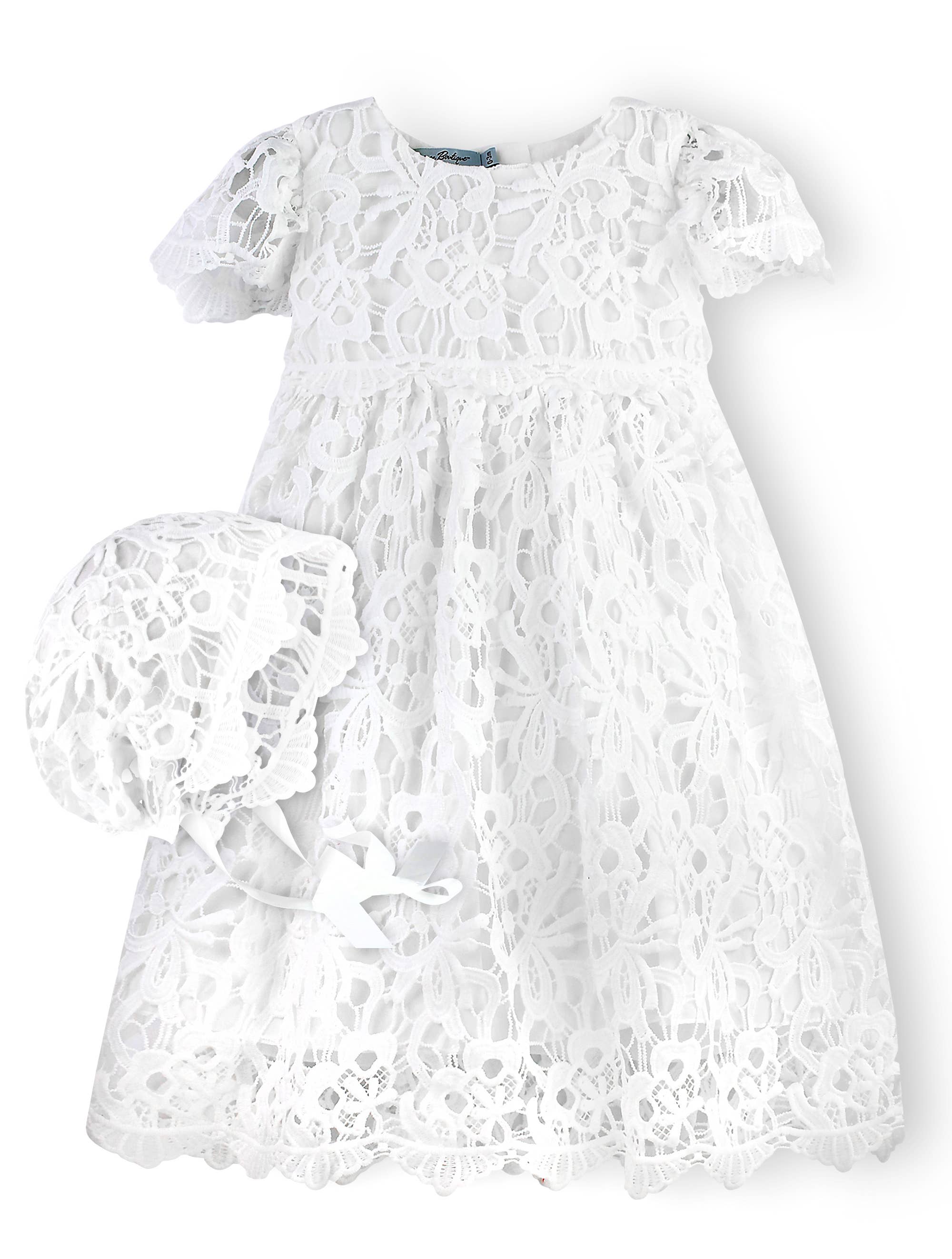 Baby Girls Ivory Lace Christening & Baptism Dress and Bonnet: 0-3M