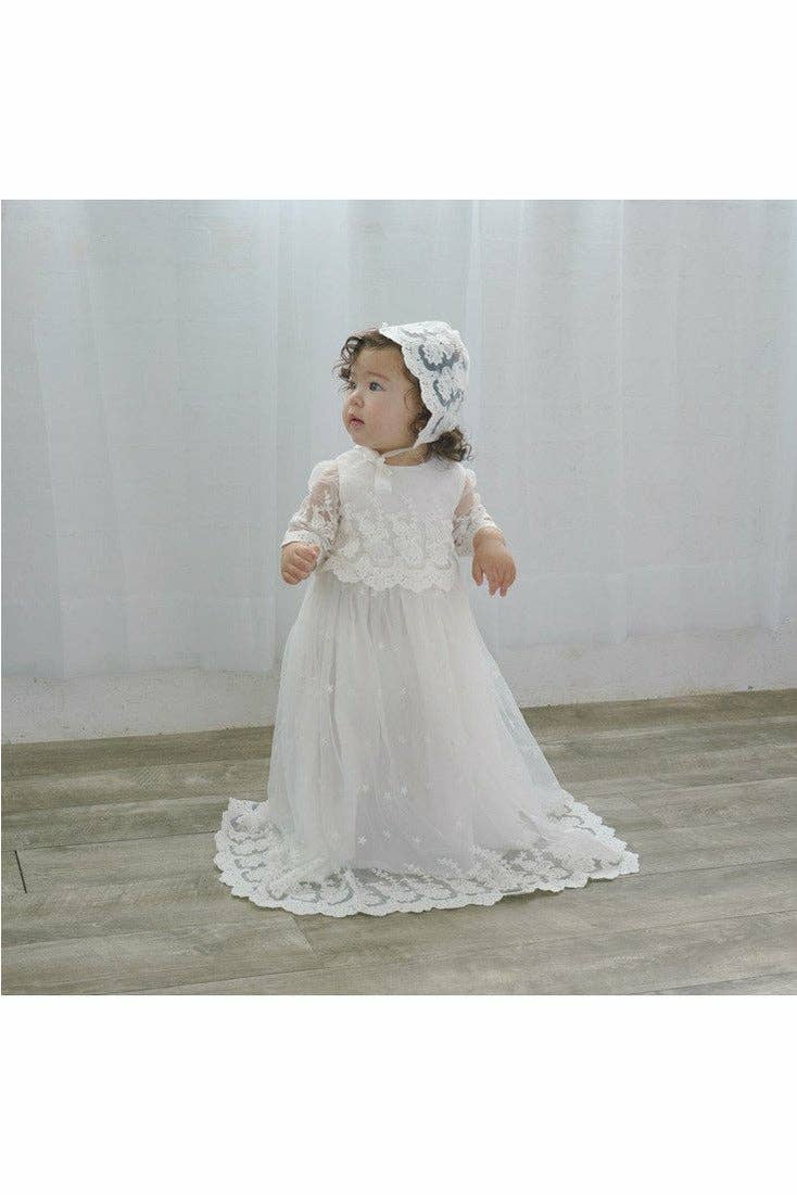 Baby Girl Star Lace Christening Gown + Bonnet: 3M