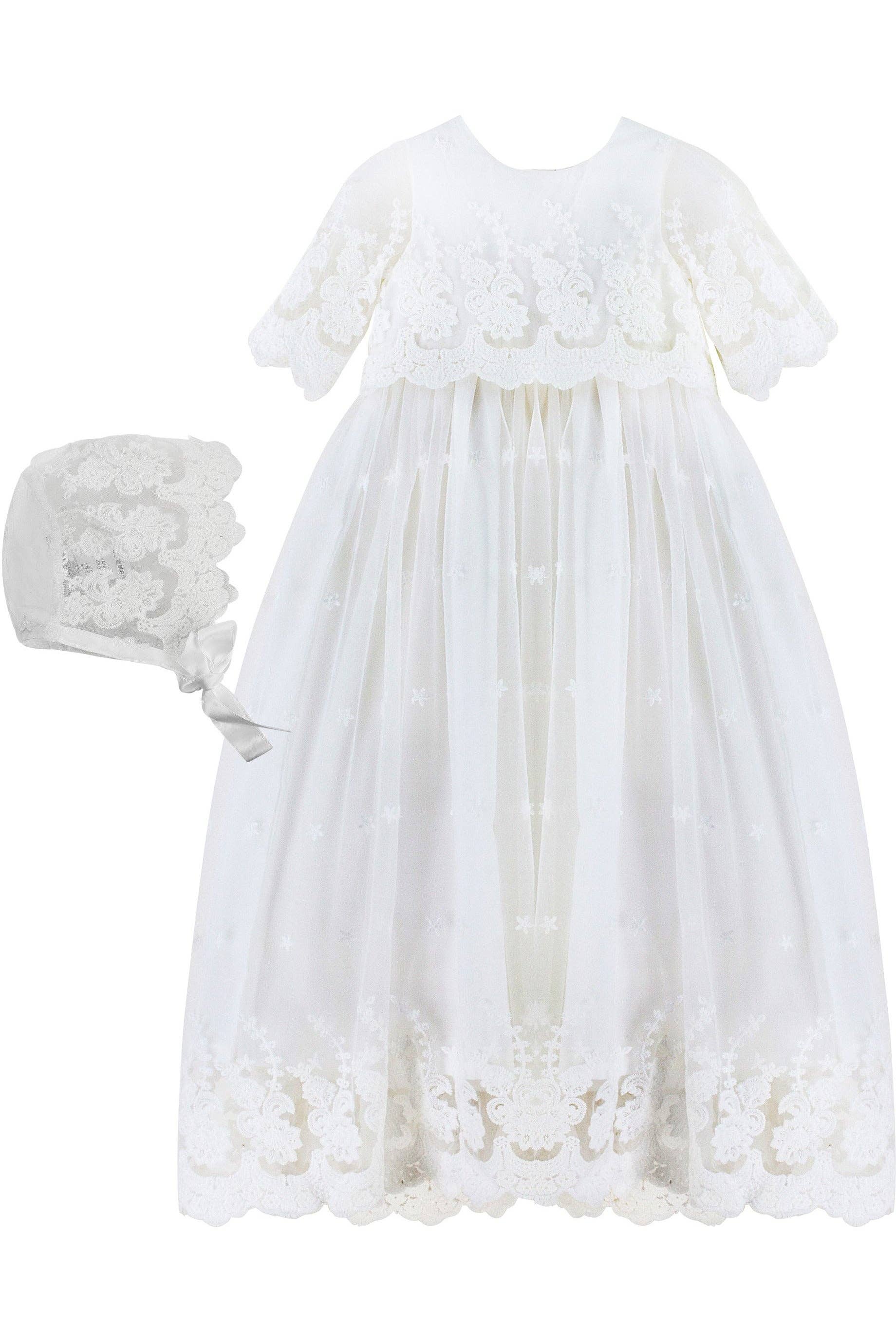 Baby Girl Star Lace Christening Gown + Bonnet: 3M