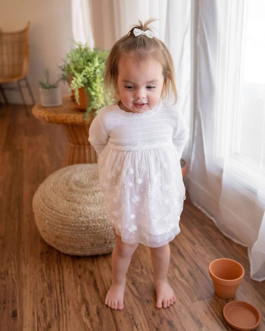 Milan White Floral Embroidered Tutu Knit Baby Dress Organic: Pure White / 3-6M