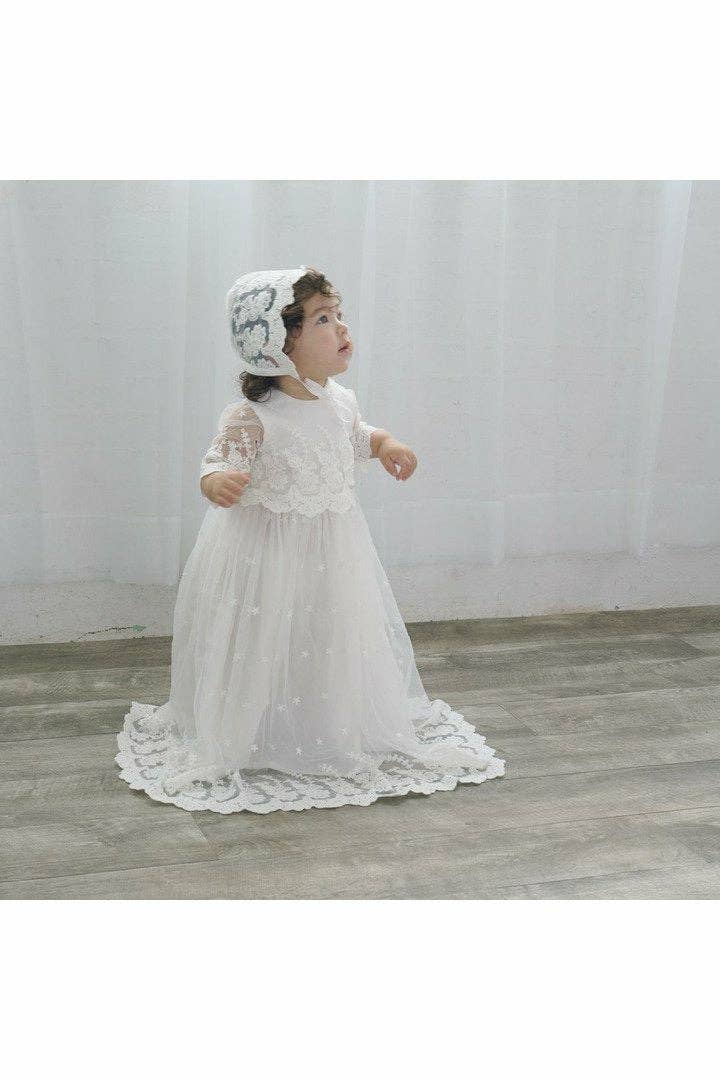 Baby Girl Star Lace Christening Gown + Bonnet: 3M