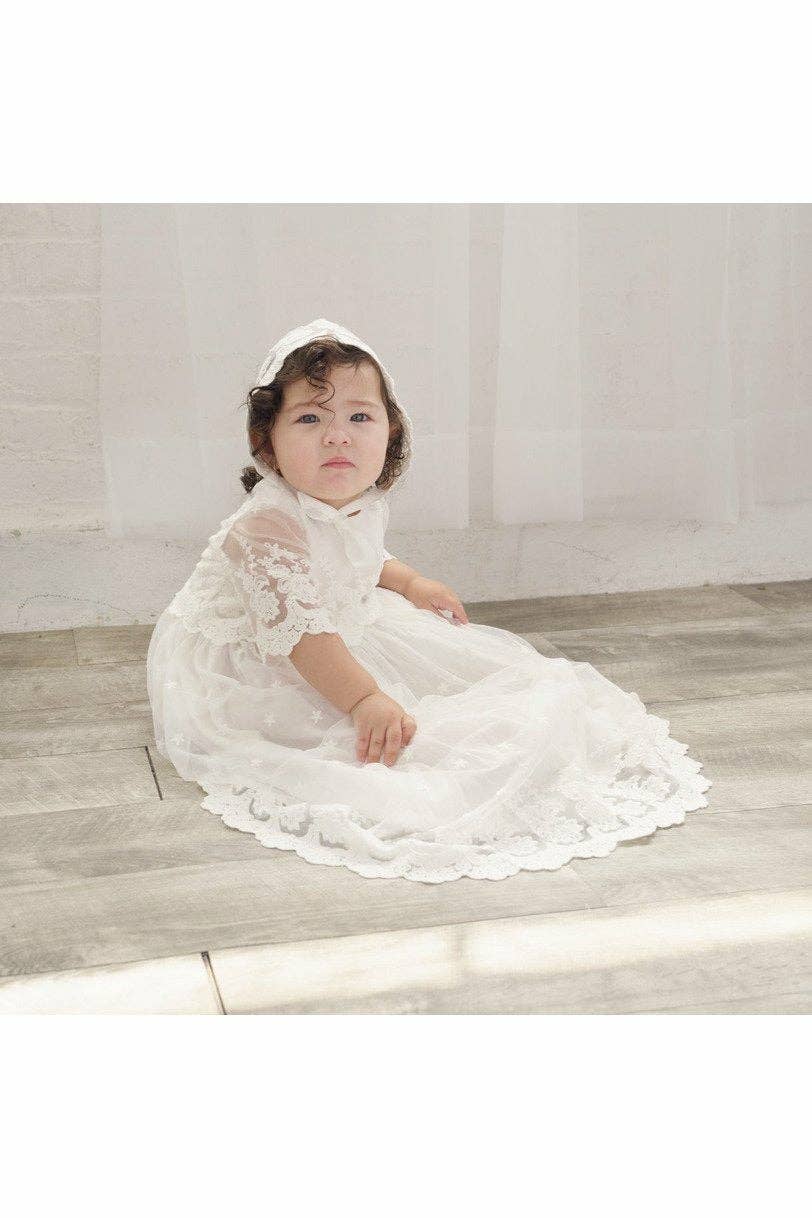 Baby Girl Star Lace Christening Gown + Bonnet: 3M